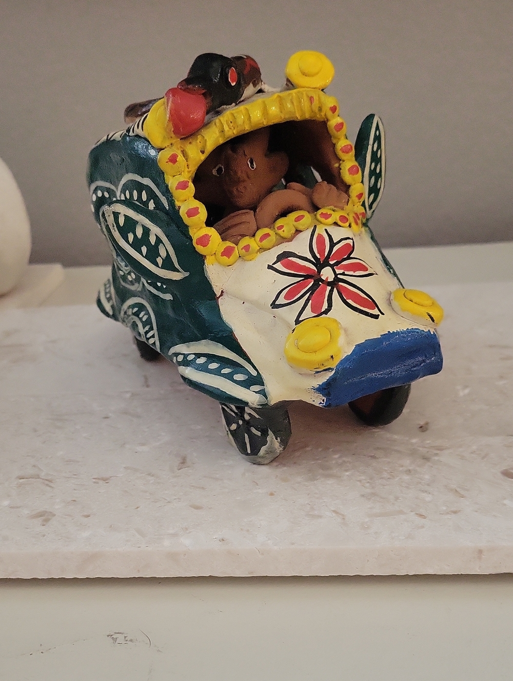 Dia De Los Muertos Hand-Painted Terracotta Clay Car with Painted Accents